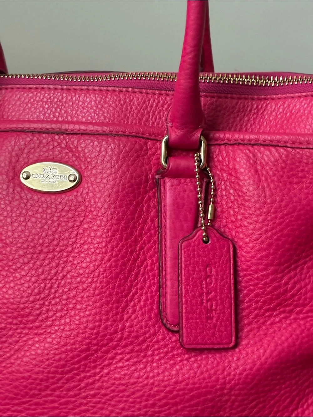 Coach Pink Pebbled Leather Satchel with Rainbow Chain EUC